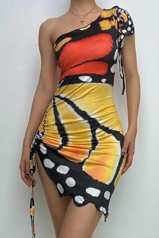 Butterfly Print One Shoulder Asymmetric Mini Dress sold by Micas