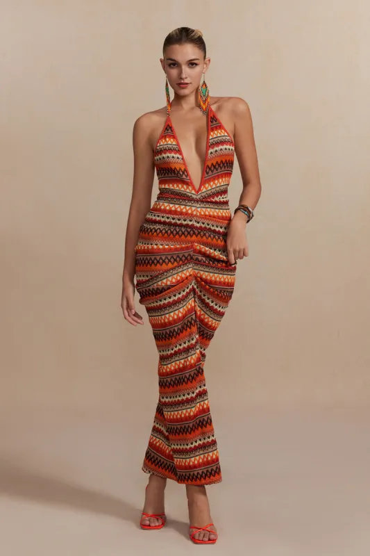 Zigzag Stripe Halter rygfri strik maxi kjole sold by Micas