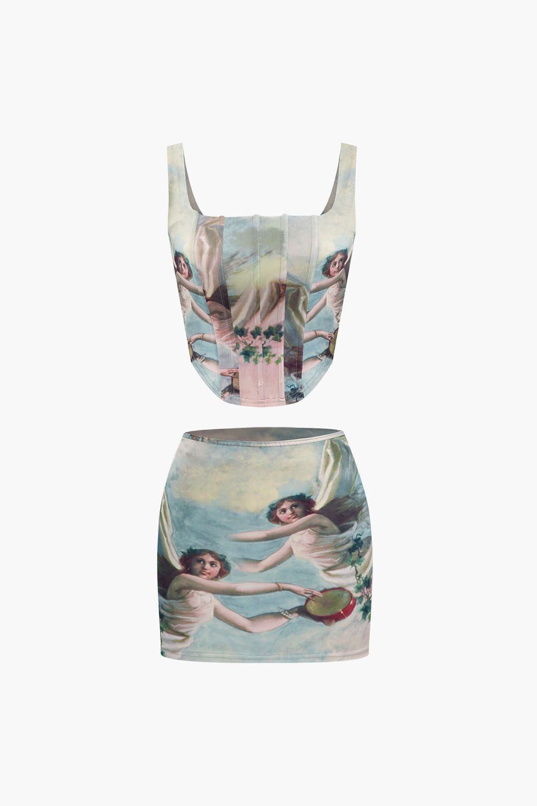 Renaissance Print Corset Top And Mini Skirt Set sold by Micas