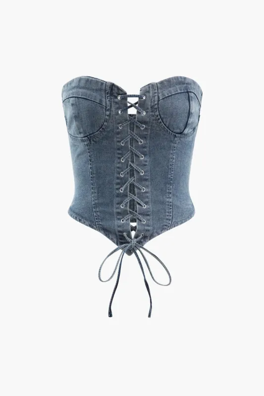 Lace Up Denim V-hem Tube Top sold by Micas