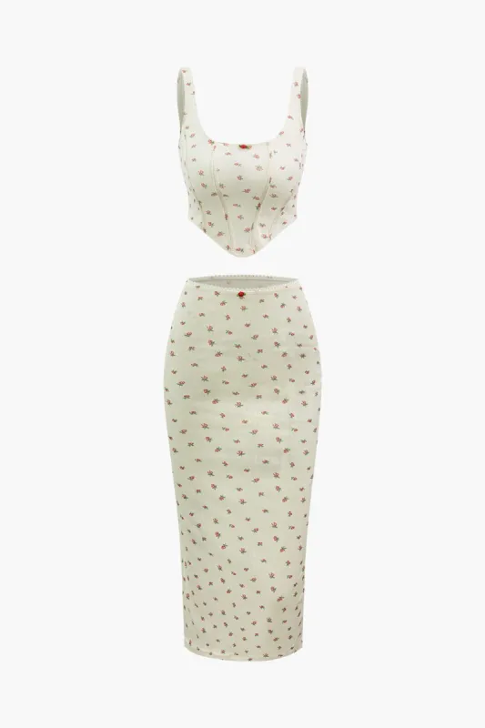 Ditsy Rose Square Neck Corset Top And Midi Skirt Set sold by Micas