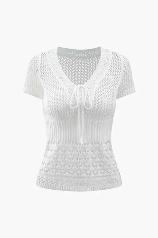 Tie Front Openwork Knit Short Sleeve Top sold by Micas