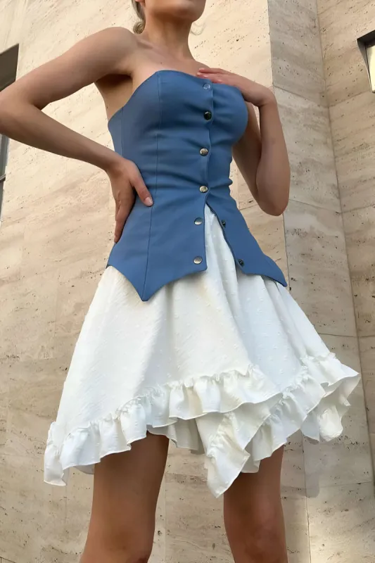 Patchwork Button Up Strapless Mini Dress sold by Micas