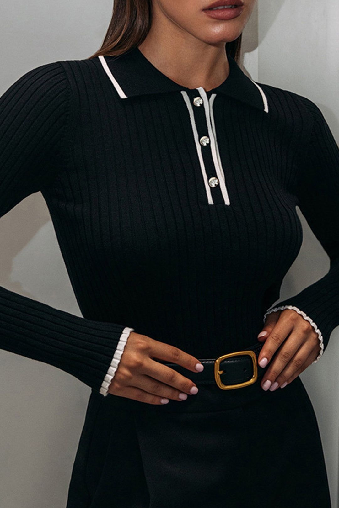 Contrast Open Collar Rib Knit Long Sleeve Top sold by Micas