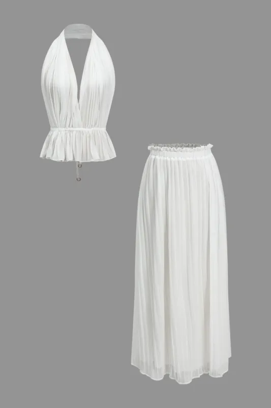 Solid Backless Halter Top And Skirt Set sold by Micas