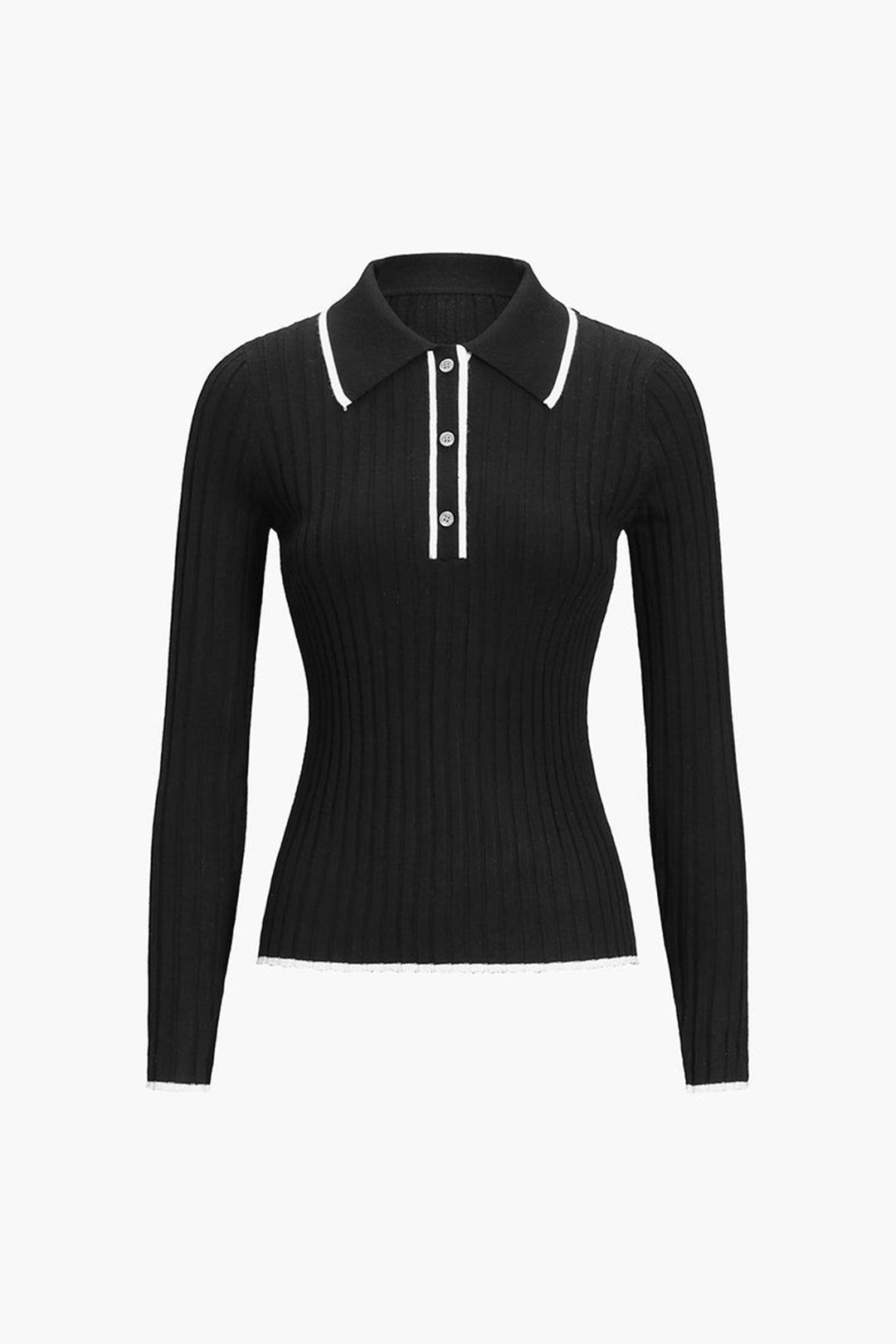Contrast Open Collar Rib Knit Long Sleeve Top sold by Micas product image thumbnail 2