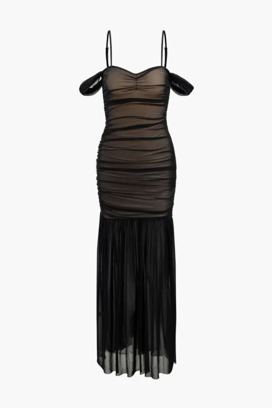Off-Shoulder Mesh Ruched Maxi Dress sold by Micas