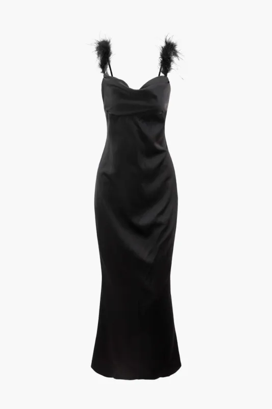Feather Strap Satin Cowl Neck Maxi Dress sold by Micas
