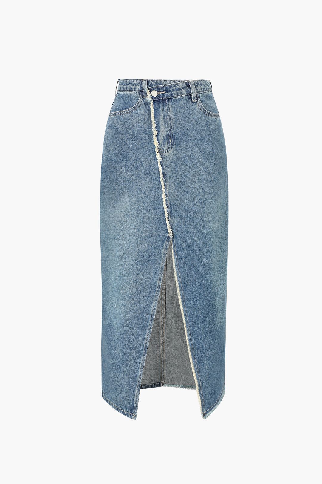 Asymmetric Frayed Slit Denim Skirt sold by Micas