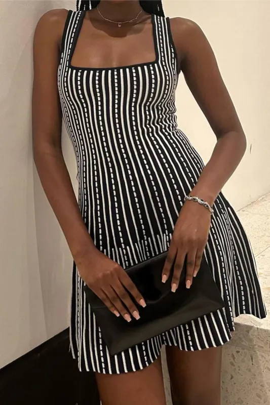 Basic Stripe Print Square Collar Mini Dress sold by Micas