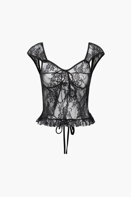 Sheer Lace Tie Back Frill Tank Top sold by Micas