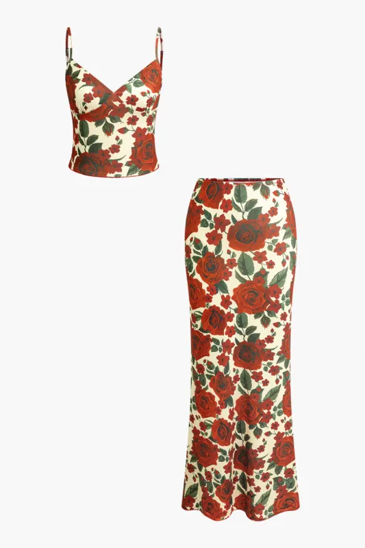 Floral Print Spaghetti Strap Crop Top And Midi Skirt Set sold by Micas