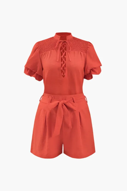 Puff Sleeve Tie Front Blouse And Drawstring Shorts Set sold by Micas