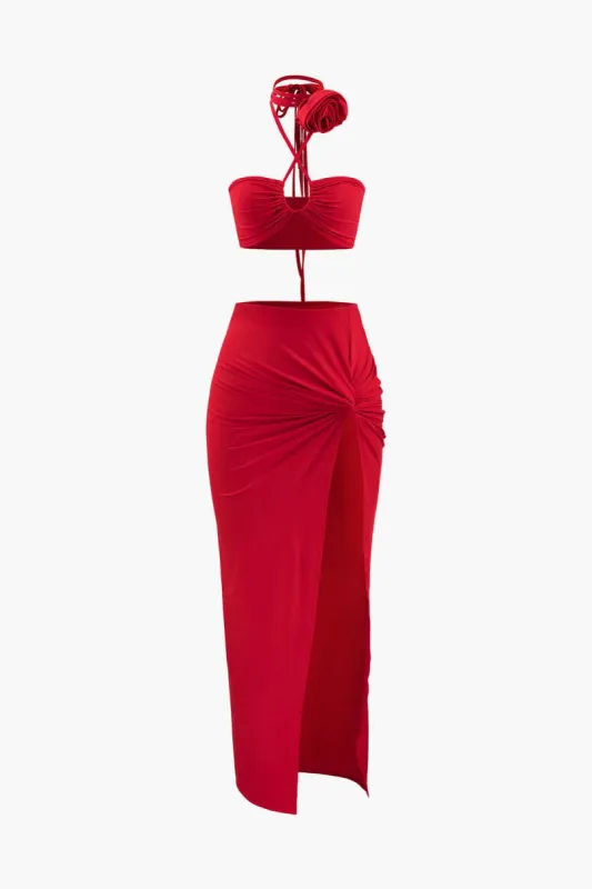 Rose Halter Top And Twist Slit Skirt Set sold by Micas