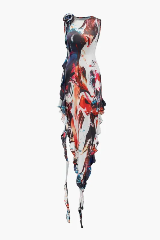 Abstract Print Rose Asymmetric Ruffle Dress sold by Micas