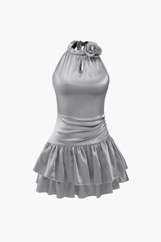 Rose Satin Halter Ruffle Hem Mini Dress sold by Micas