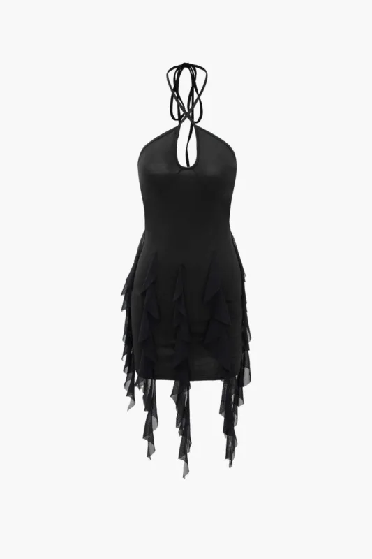 Keyhole Halter Ruffle Mini Dress sold by Micas