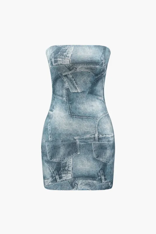Denim Print Strapless Bodycon Mini Dress sold by Micas