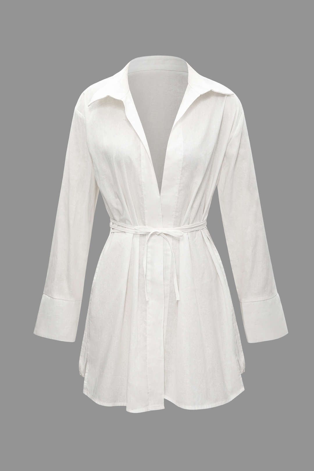 Linen-blend V-neck Belted Long Sleeve Shirt sold by Micas