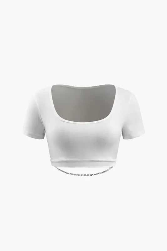 Square Neck Chain Detail Crop T-Shirt sold by Micas