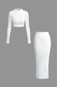 Solid Mock Neck Long Sleeve Top And Ruched Maxi Skirt Set sold by Micas