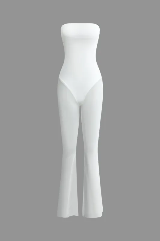 Solid Mesh Strapless Flare Leg Jumpsuit sold by Micas