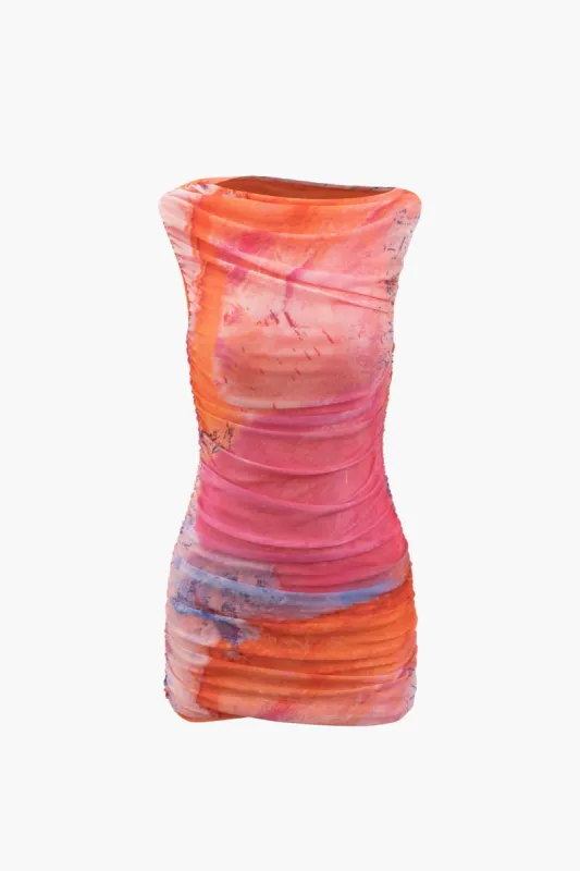 Tie Dye Mesh Ruched Sleeveless Mini Dress sold by Micas