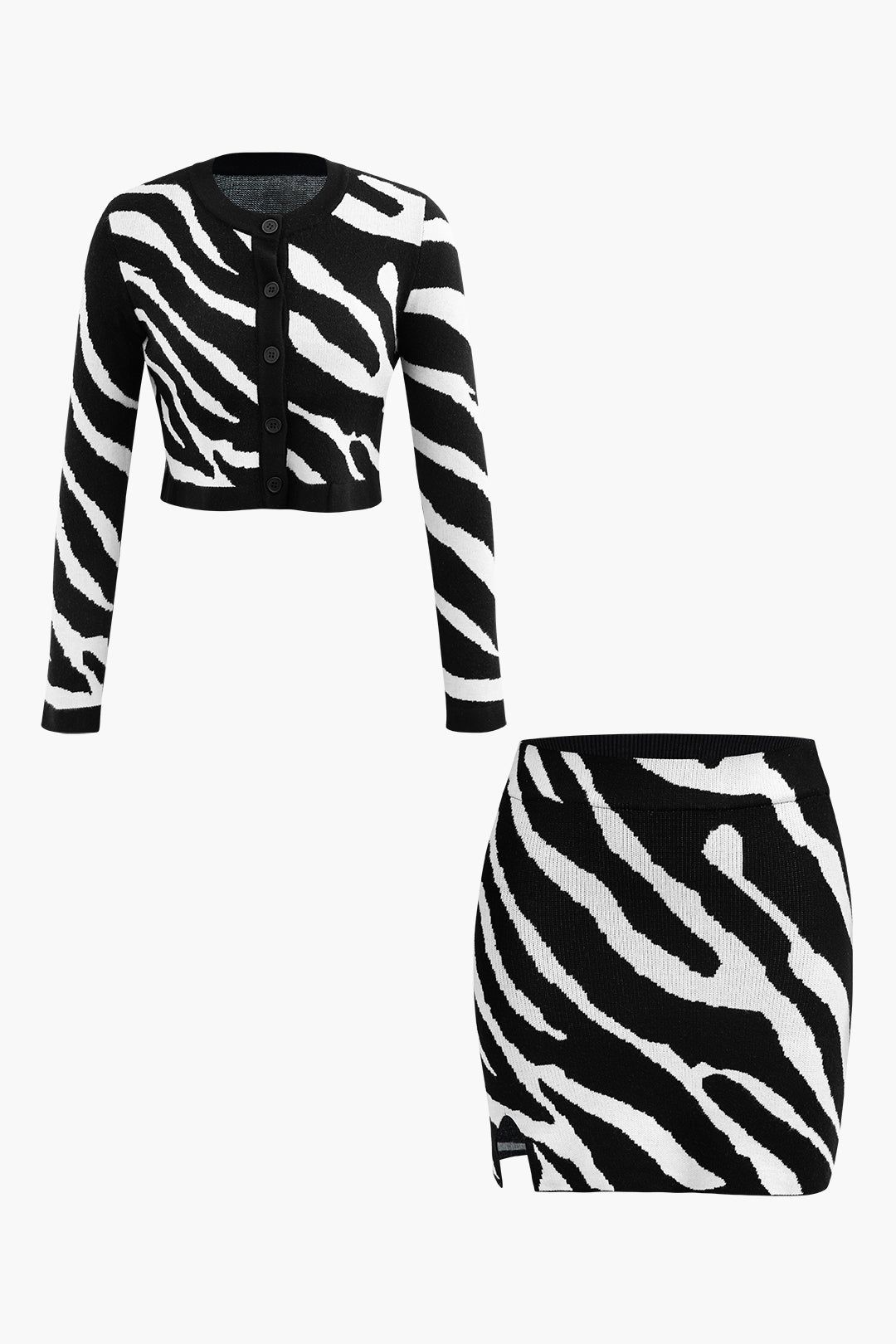 Zebra Pattern Button Up Knit Cardigan And Mini Skirt Set sold by Micas