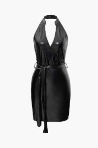 Faux Leather Backless V-neck Wrap Mini Dress sold by Micas