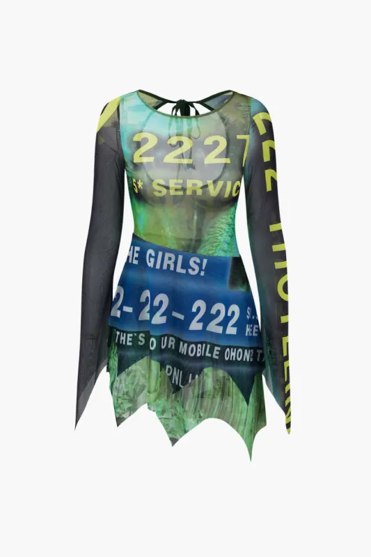 Number & Letter Print Mesh Backless Mini Dress sold by Micas