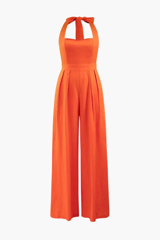 Linned halter slips tilbage bredt ben jumpsuit sold by Micas