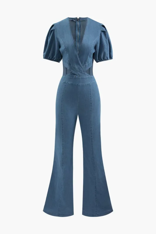 V-neck Wrap Cut Out Denim Flare Leg Jumpsuit sold by Micas