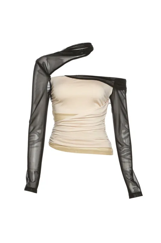 Asymmetric Patchwork Ruched Cut Out Long Sleeve Top sold by Micas