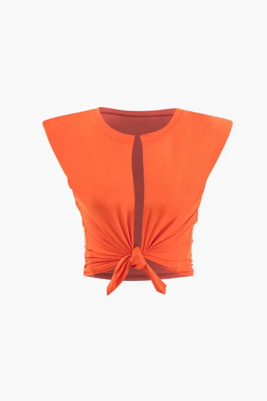 Padded-Shoulder Knot Front Crop T-Shirt sold by Micas