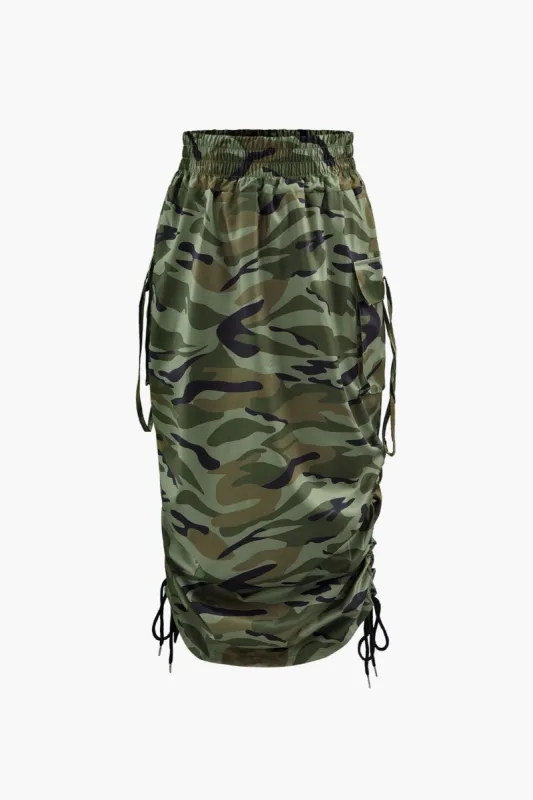 Camo Print Gathered Cargo Midi Skirt sold by Micas