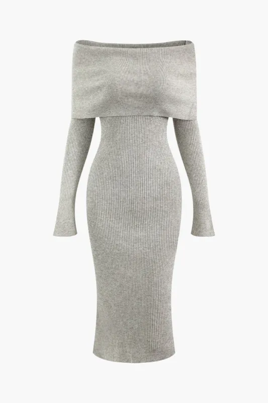 Off Shoulder Long Sleeve Rib Knit Midi Dress sold by Micas