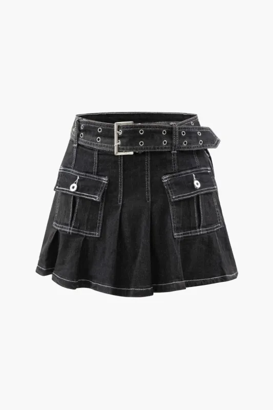 Belted Topstitching Pleated Mini Skirt sold by Micas