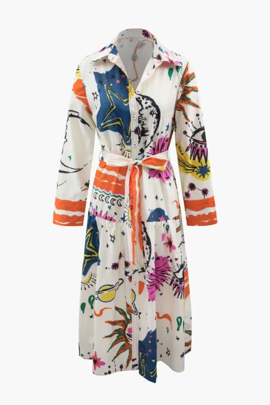 Printed Belted Long Sleeve Shirt Dress sold by Micas