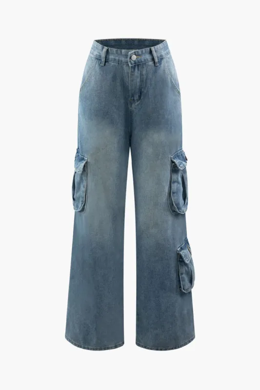 Flap Pocket Wide Leg Cargo Jeans made by Micas