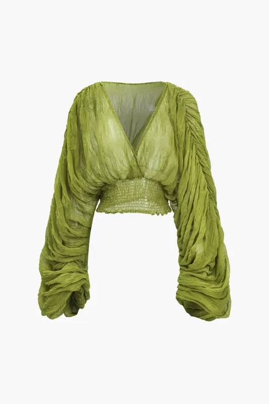 Chiffon Puff Sleeves Long-Sleeve V-neck Shirt sold by Micas