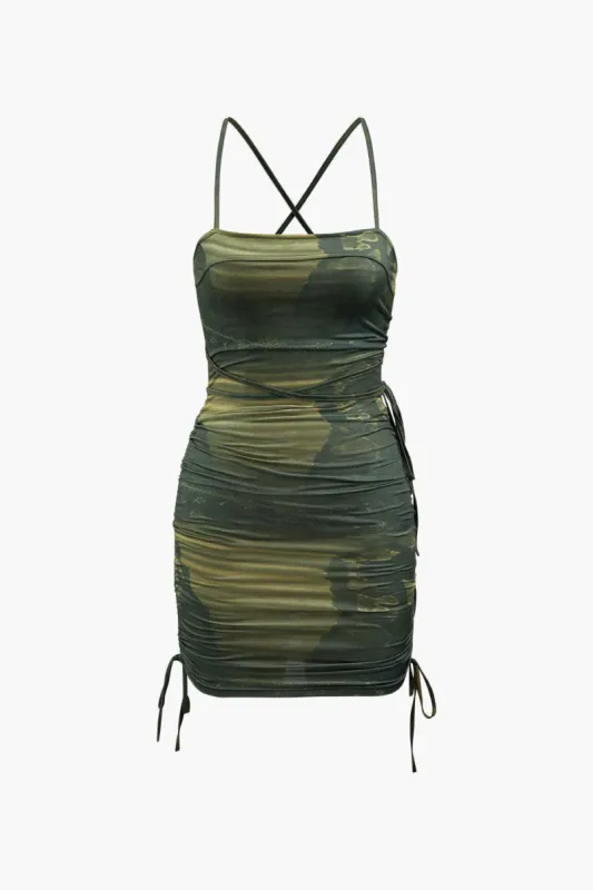 Printed Ruched Cross Back Mini Dress sold by Micas