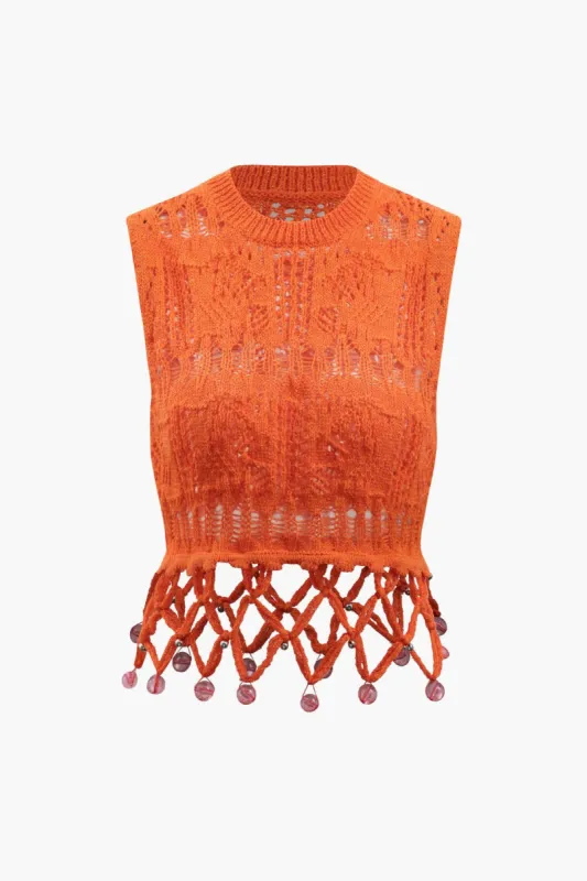 Beaded Hem Openwork Knit Tank Top sold by Micas