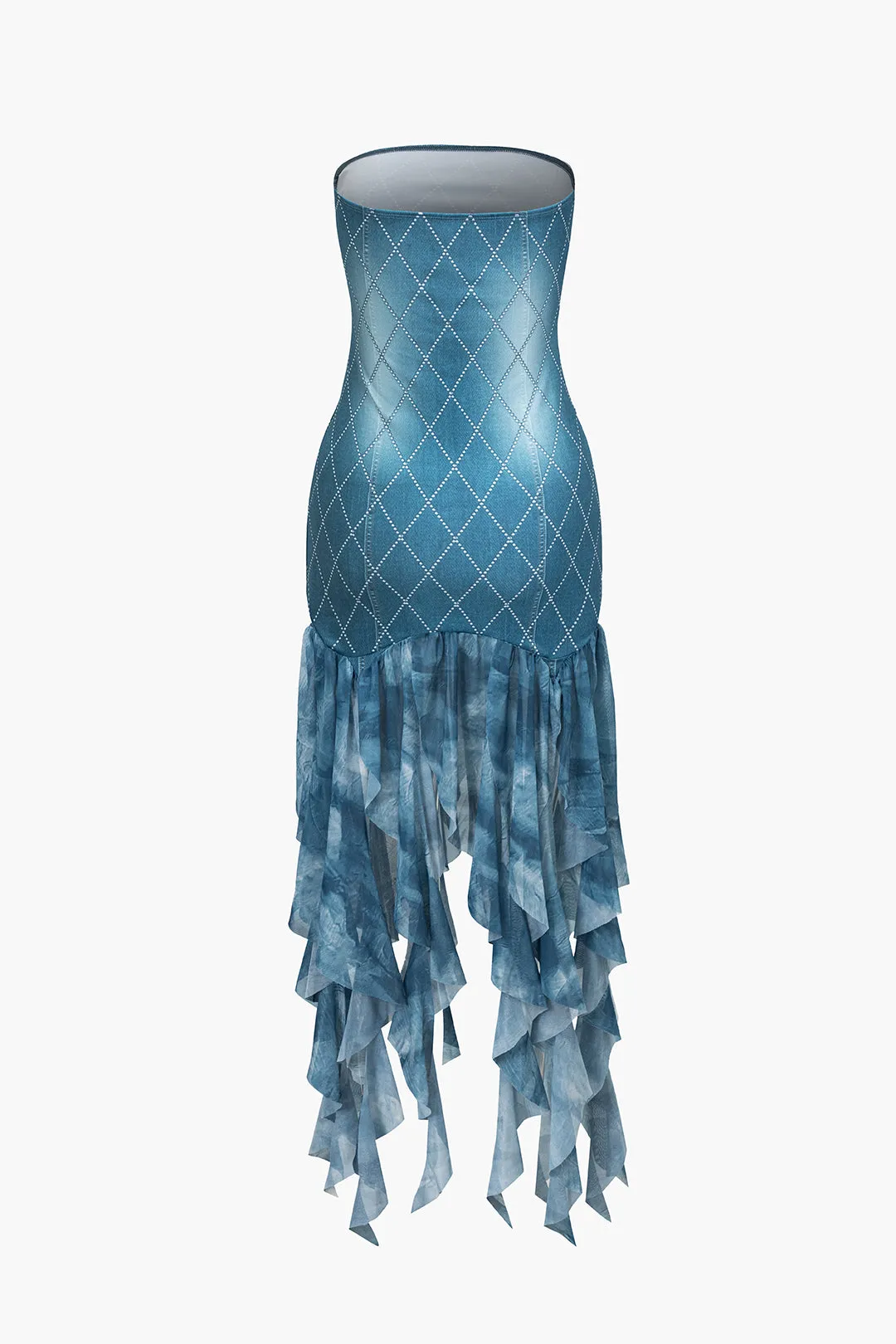 Rhinestone Ruffle Tie Dye Print Stropløs Midi -kjole sold by Micas product image thumbnail 2