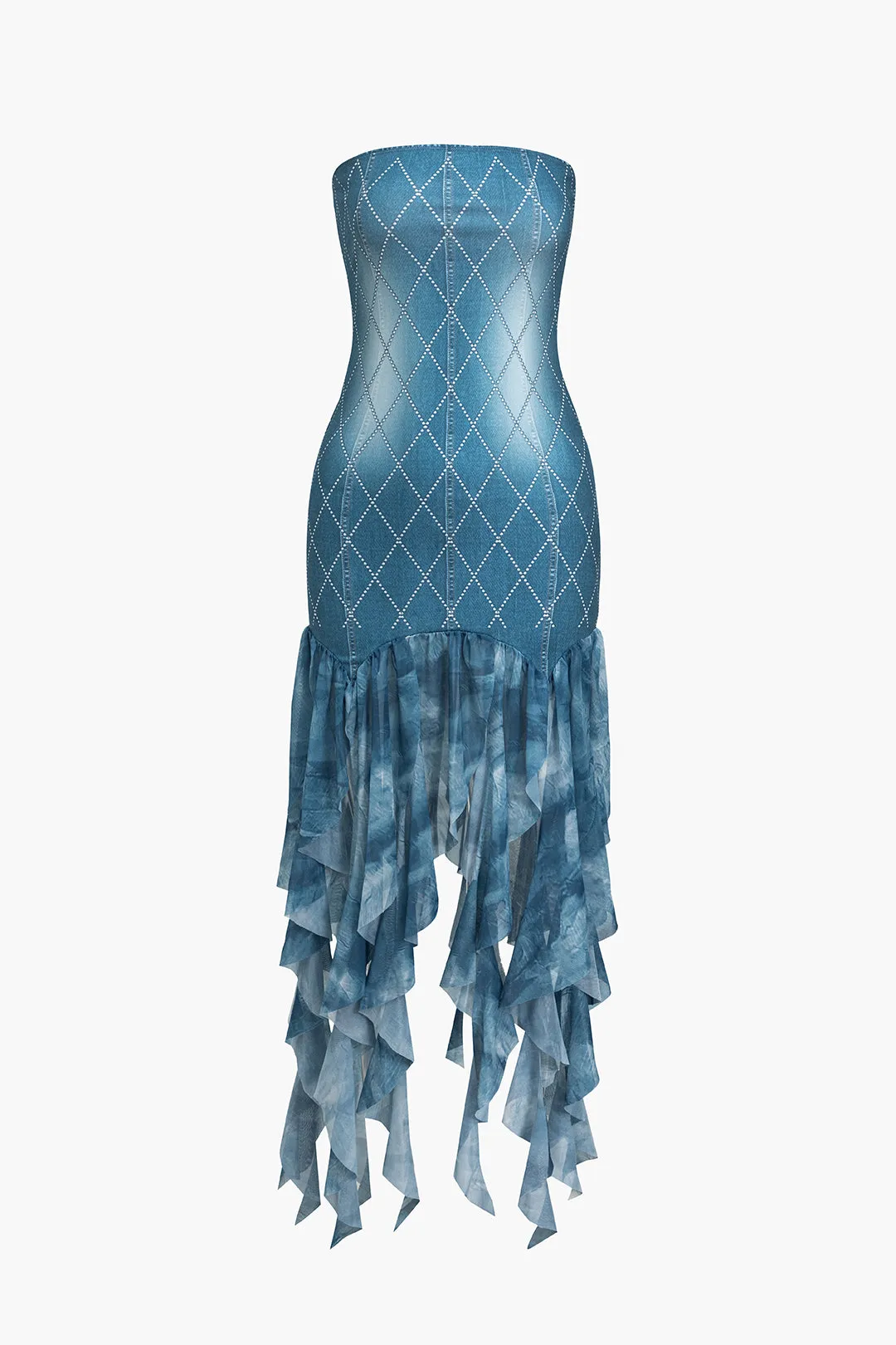 Rhinestone Ruffle Tie Dye Print Stropløs Midi -kjole sold by Micas