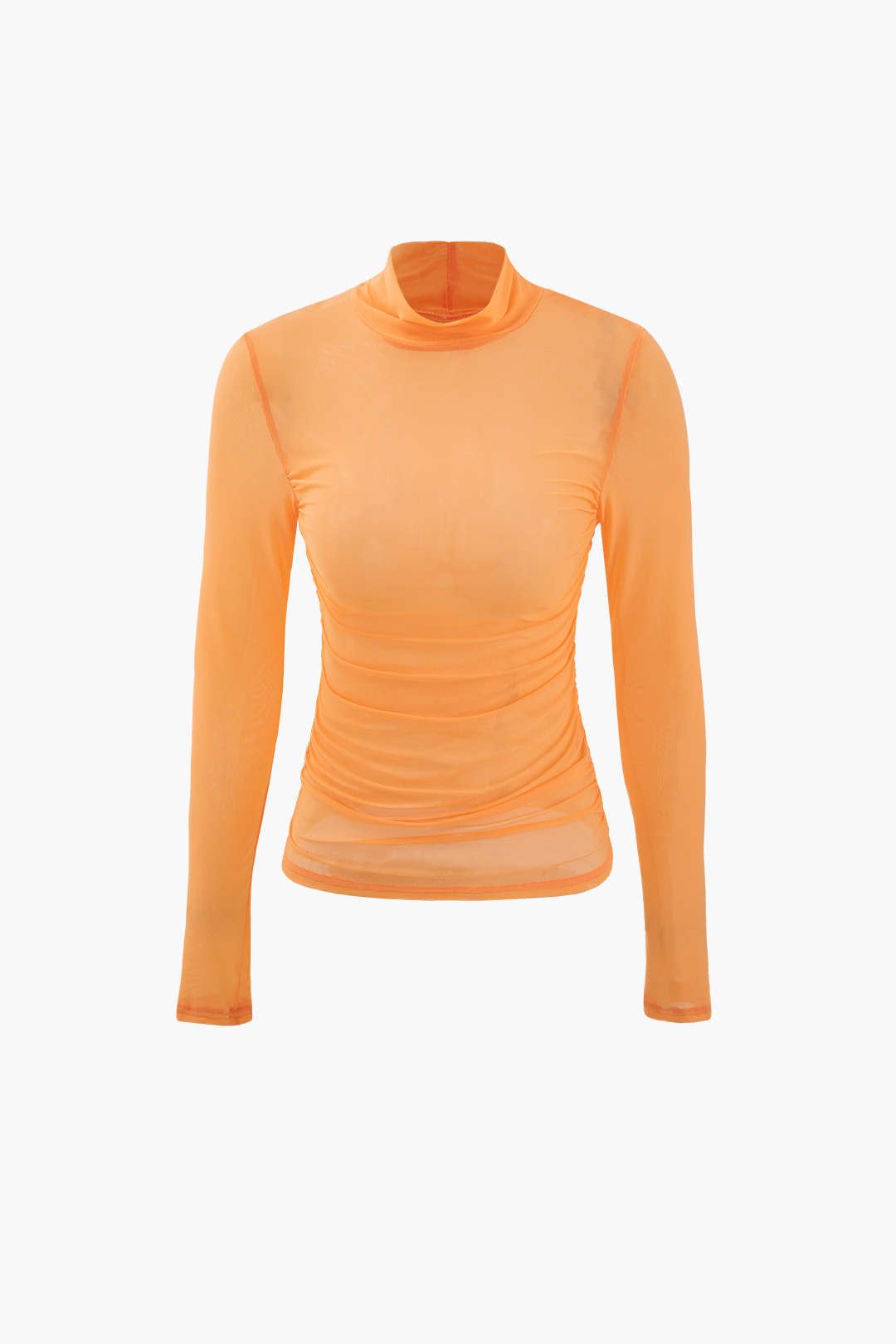 High Neck Ruched Mesh Long Sleeve Top sold by Micas