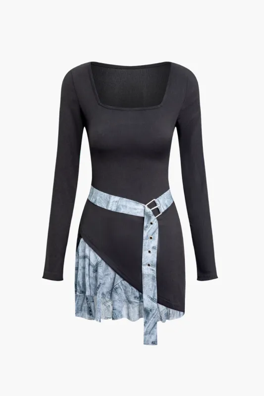 Patchwork asymmetrisk minikjole med rynket bælte sold by Micas