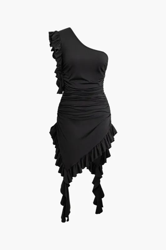 One-shoulder Asymmetric Ruffled Mini Dress sold by Micas