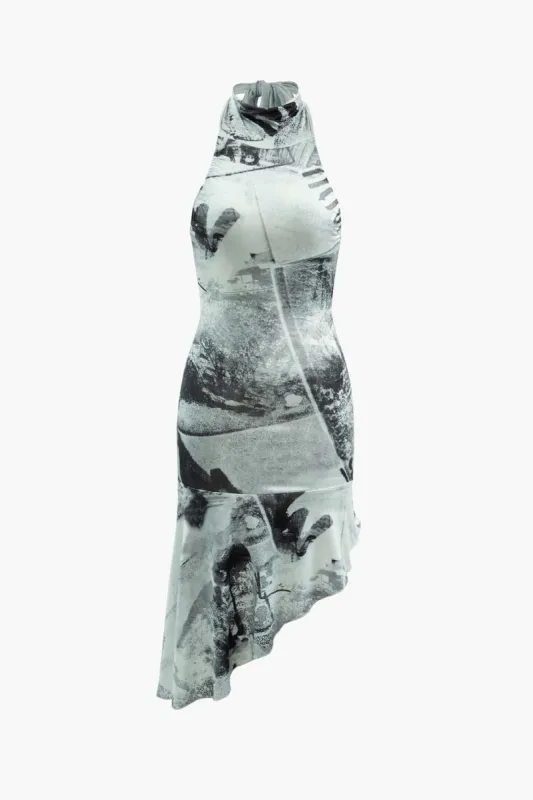 Printed Asymmetric Halter Midi Dress sold by Micas