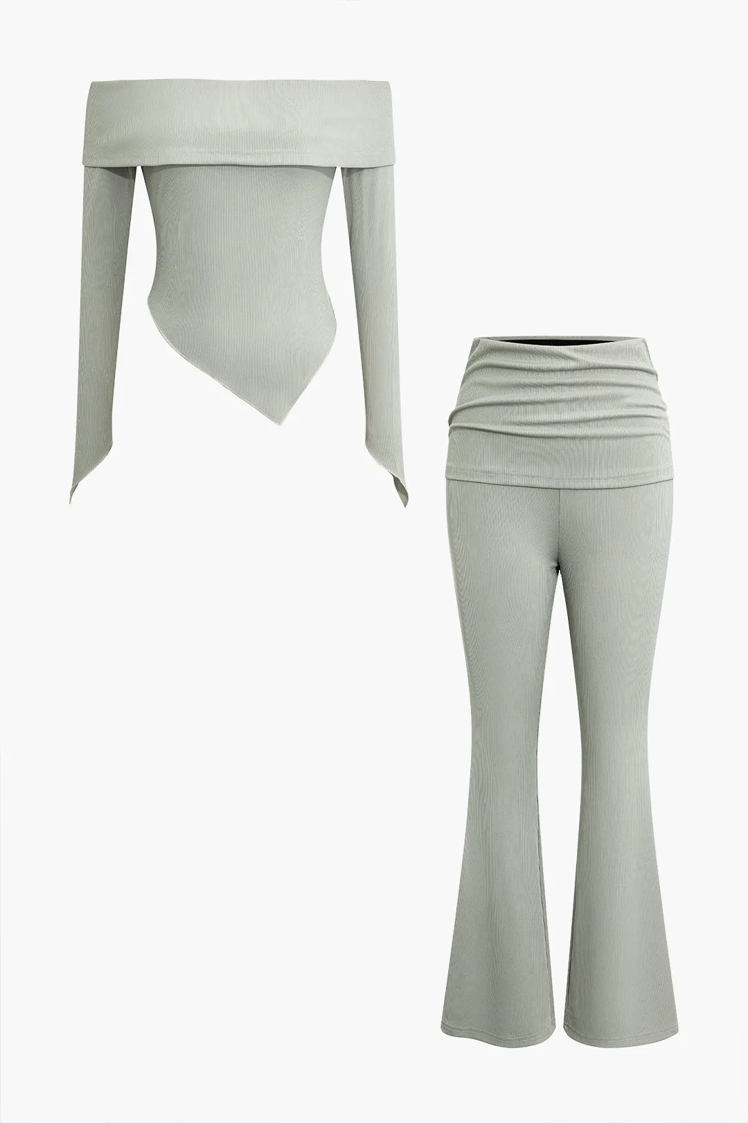 Solid Off Shoulder Asymmetrical Top And Flared Trouser Set sold by Micas