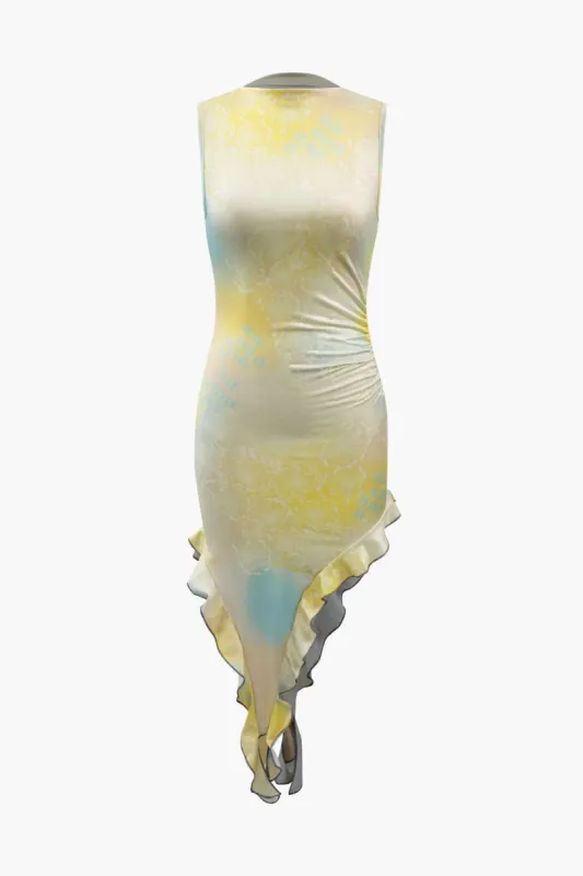 Flower Print Asymmetric Ruffle Sleeveless Midi Dress sold by Micas